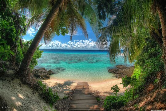 Tropical beach path through lush foliage. Tranquil turquoise waters, soft white sand, and towering palm trees frame a wooden pathway leading to the ocean