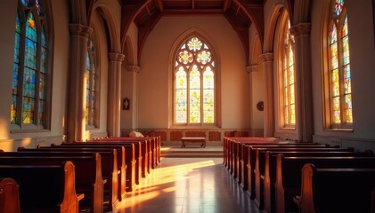 Fototapeta premium Tranquil church interior, stained glass window, soft light Peaceful worship space , religious, windows