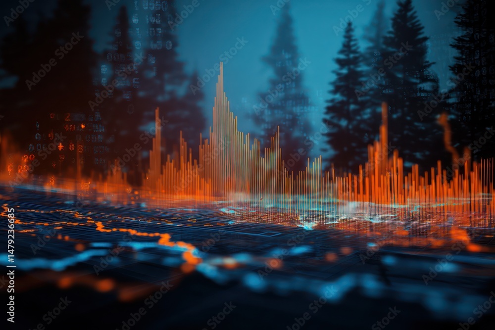 Poster digital visualization of global stock market trends in a futuristic landscape with real-time data in