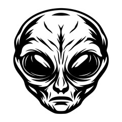 Monochrome alien face with large black eyes and bold line art style