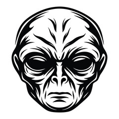 Monochromatic depiction of an alien head with intense gaze and expressive lines