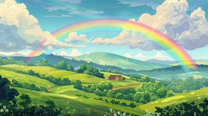 A vibrant landscape with rolling green hills and a rainbow arching across the sky after the rain