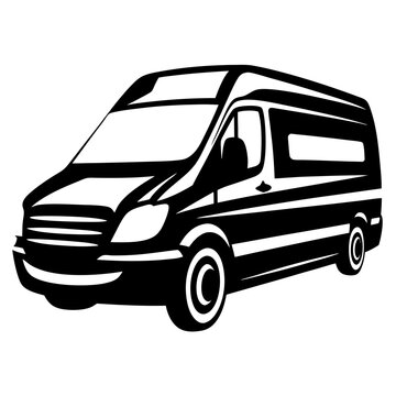 Sleek black and white illustration of a commercial van on white background