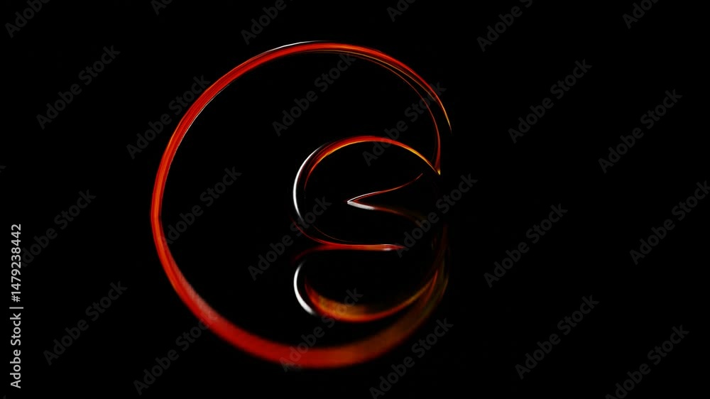 Poster abstract glossy swirling figure of thin round tubes with orange reflections deforms on black backgro