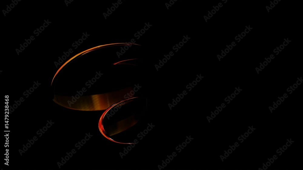 Poster abstract glossy swirling figure of thin round tubes with orange reflections deforms on black backgro