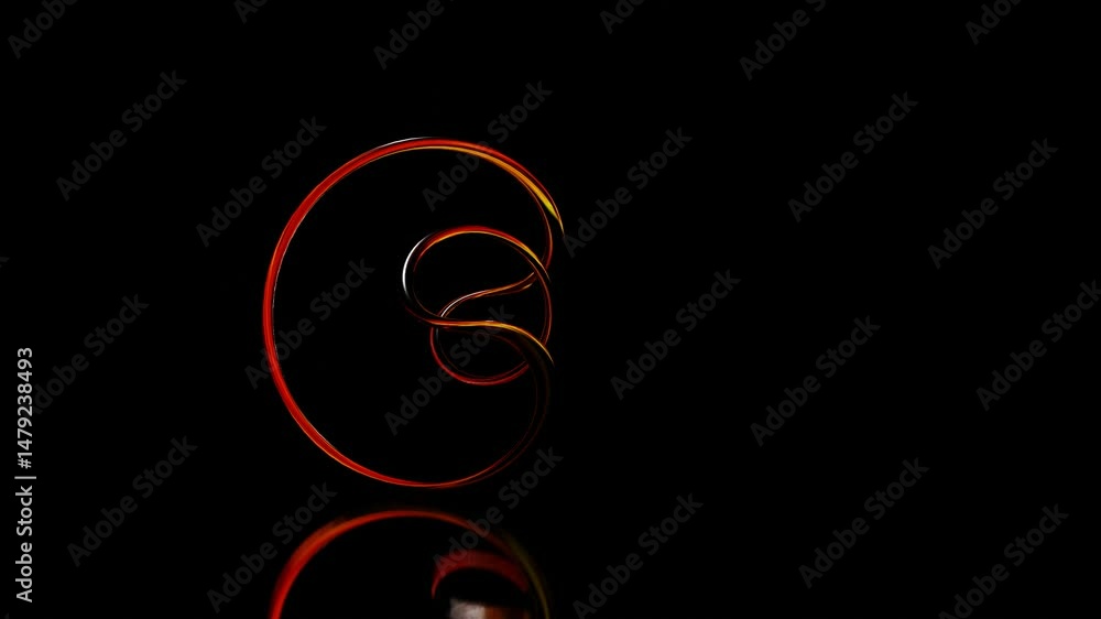 Poster abstract glossy swirling figure of thin round tubes with orange reflections deforms on black backgro