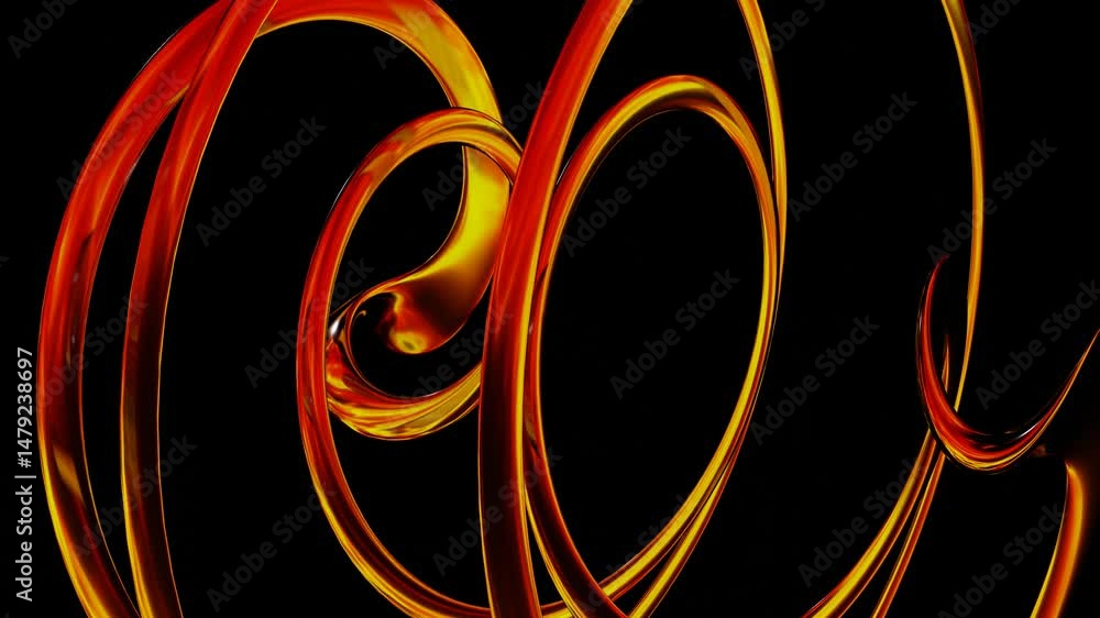 Poster abstract glossy swirling figure of thin round tubes with orange reflections deforms on black backgro