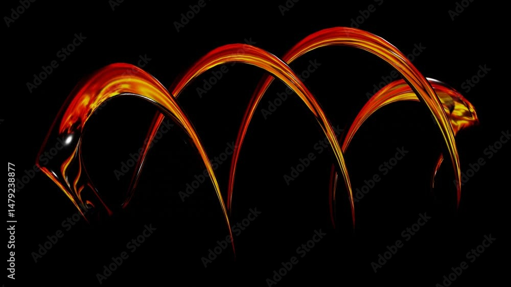 Poster abstract glossy swirling figure of thin round tubes with orange reflections deforms on black backgro