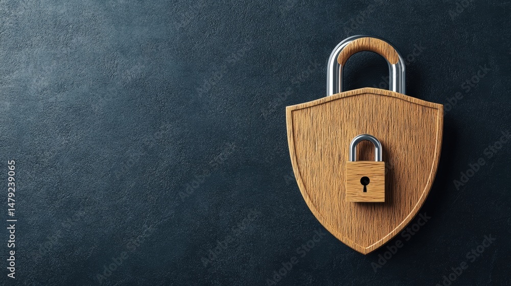 Poster a close-up view of a wooden shield-shaped lock icon with a keyhole on a dark textured background sym