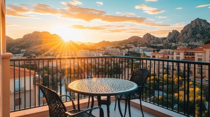 Fototapeta premium Luxury hotel balcony with breakfast table and sunrise over distant mountains
