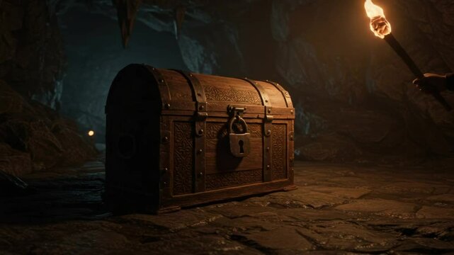 Dark wooden chest with torchlight