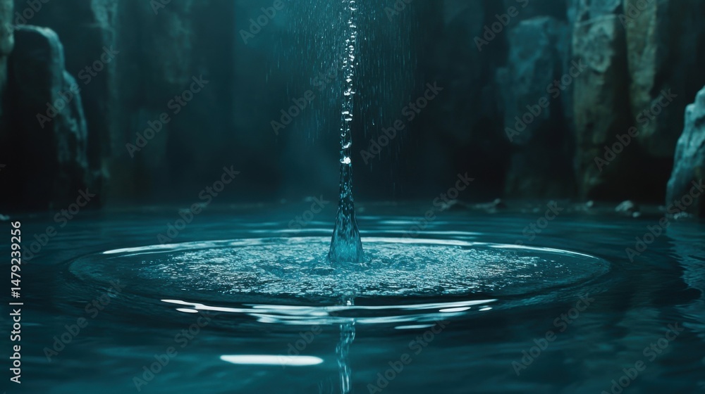 Poster a brilliant rich blue pool of water gently rippled with concentric circles with a single drop of con