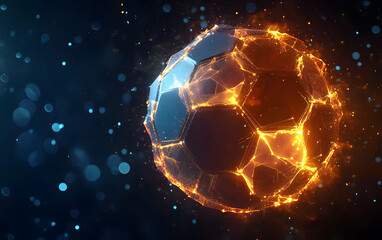 Fototapeta premium A digitally created soccer ball made of glowing polygons and particles, symbolizing innovation in sports technology.