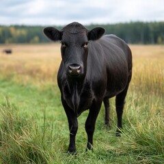 Black cow standing in a lush green pasture under a cloudy sky, showcasing its calm demeanor and natural habitat surrounded by tall grass and trees in the background.