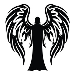 Silhouette of winged figure with intricate wing design for tattoo or art