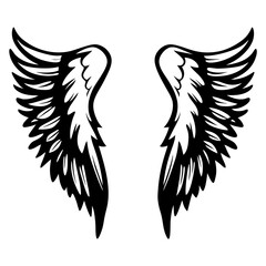 Stylized symmetrical angel wings illustration in black and white design format
