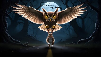 owl pounces on rabbit in forest with dark night background