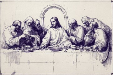 The Last Supper. Jesus dining with his twelve disciples before the crucifixion.

