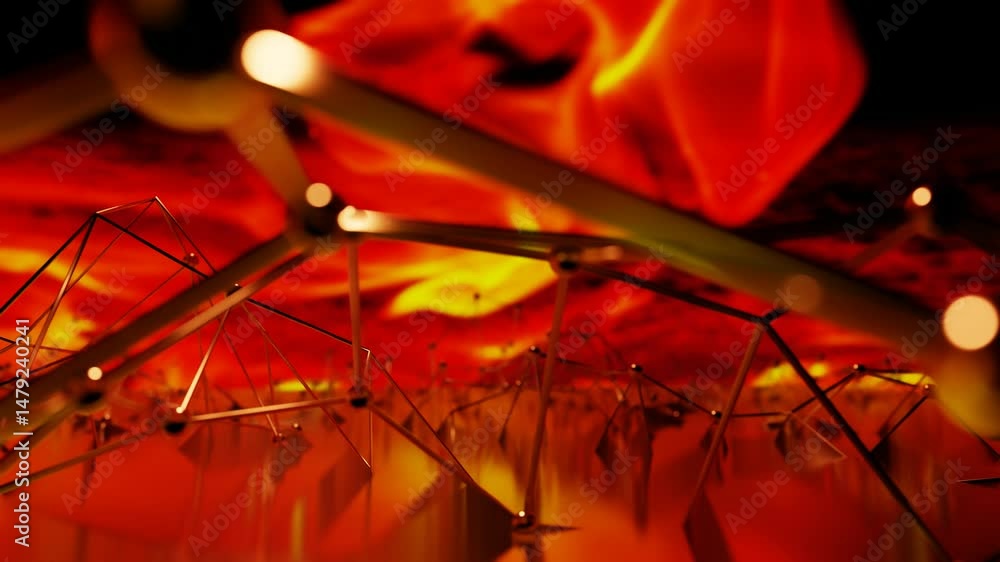 Poster deforming abstract lattice figure with glossy spheres on orange fire background. shallow depth of fi