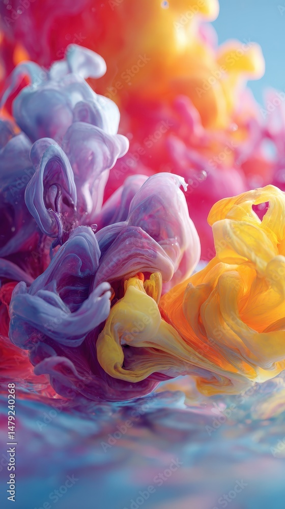 Poster vibrant abstract swirls of colorful ink blending beautifully in water creating a captivating artisti