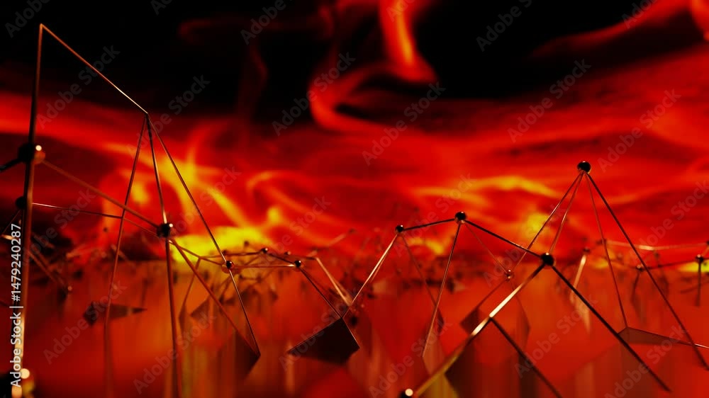 Poster deforming abstract lattice figure with glossy spheres on orange fire background. shallow depth of fi