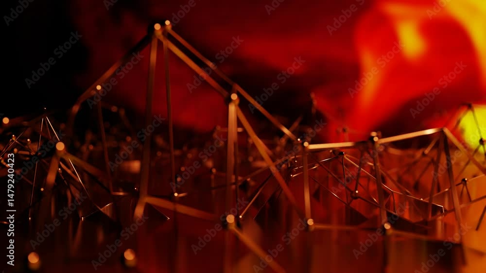 Poster deforming abstract lattice figure with glossy spheres on orange fire background. shallow depth of fi