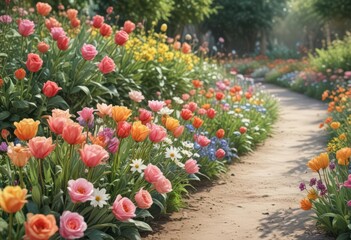 Colorful garden watercolor; roses, tulips & daisies  , watercolor painting, bloom