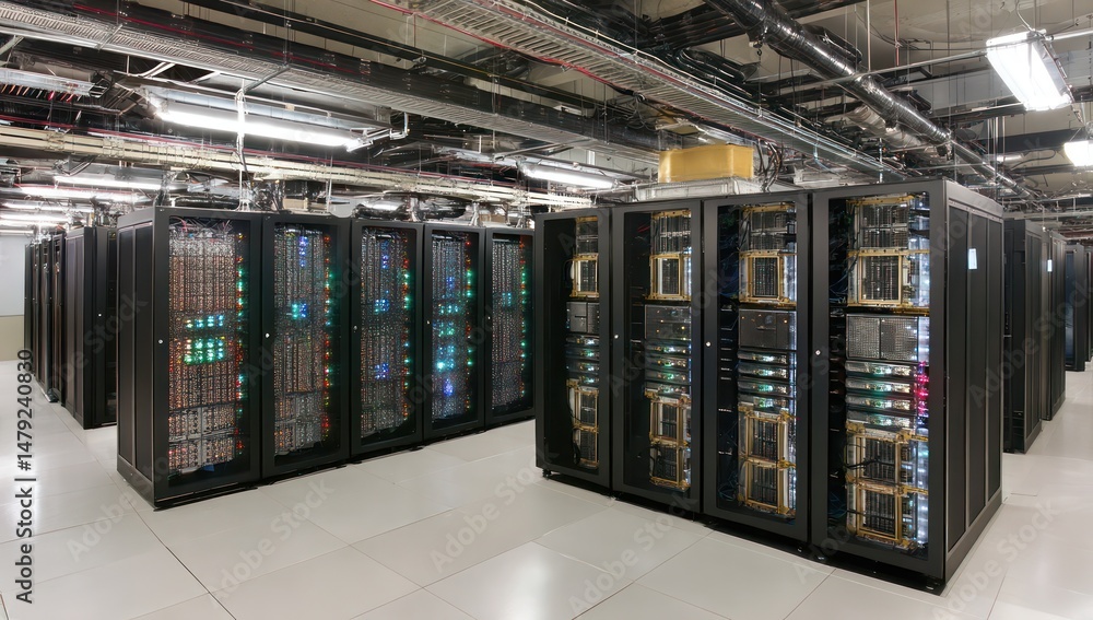Aufkleber large-scale data center designed for energy efficiency with innovative cooling techniques.