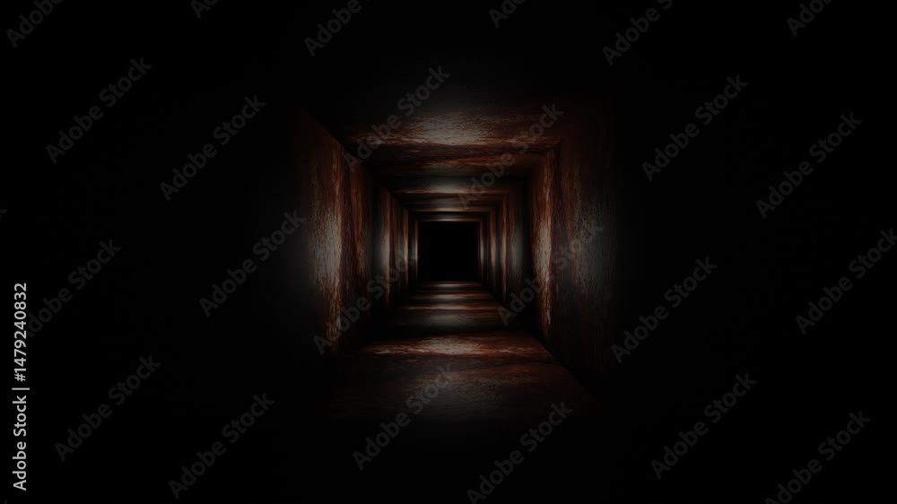 Poster endless forward movement inside dark cubic tunnel with old dark texture. 3d render looped animation