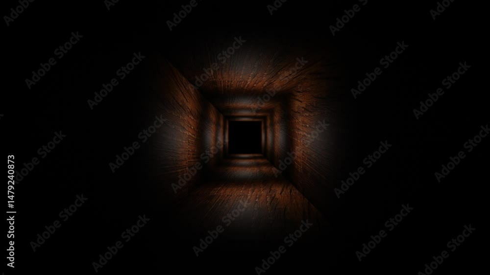 Poster endless forward movement inside dark cubic tunnel with old dark texture. 3d render looped animation