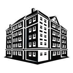 Monochrome Apartment Building Graphic Rendered with Bold Lines and Crisp Details