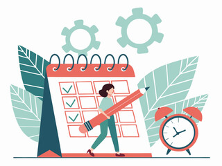 Time Management and Planning Illustration – Modern Calendar Concept with Woman and Clock