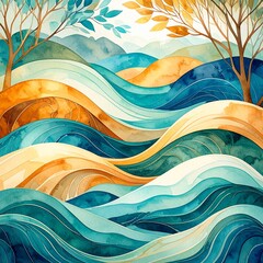 A serene watercolor landscape featuring lush green trees swaying gently in the breeze, with soft, rolling waves lapping at a tranquil shore under a pastel sky.