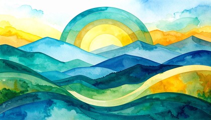 A serene watercolor landscape featuring majestic mountains under a vibrant sun, with soft clouds drifting across a clear blue sky and lush greenery below.