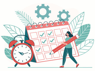 Time Management and Planning Illustration – Modern Calendar Concept with Woman and Clock