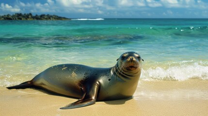 Obraz premium Seals resting on a sandy beach, turquoise water, sunny day