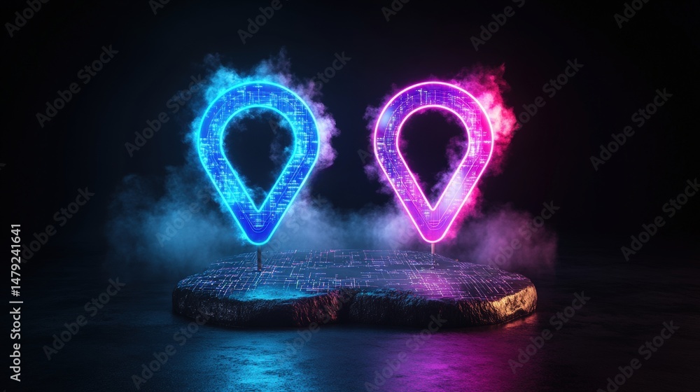 Poster vibrant neon glowing map location markers floating above a textured surface with colorful smoke effe