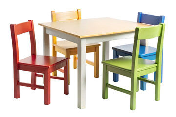 Colorful table and chairs for children's room isolated on transparent background.