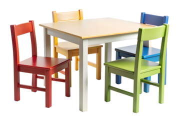 Colorful table and chairs for children's room isolated on transparent background.
