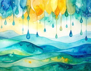 A serene watercolor painting depicting a tranquil landscape, featuring lush green trees in the foreground and majestic mountains under a soft blue sky.