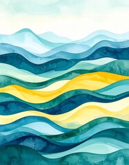A vibrant watercolor painting featuring dynamic blue and yellow waves, blending seamlessly to create a lively ocean scene filled with movement and energy.