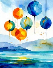 A vibrant watercolor painting featuring a cluster of colorful balloons floating against a soft, dreamy sky, with gentle brush strokes and delicate hues.