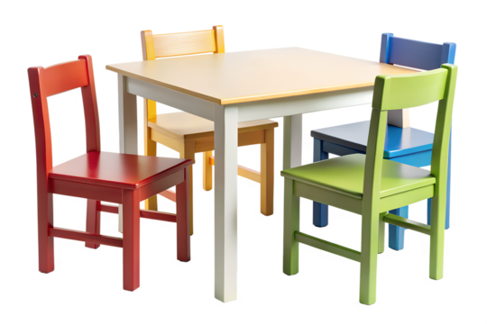 Colorful table and chairs for children's room isolated on transparent background.