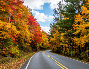 Fototapeta premium scenic autumn road winds through vibrant trees displaying shades of red, orange, and yellow, under partly cloudy sky, creating picturesque landscape