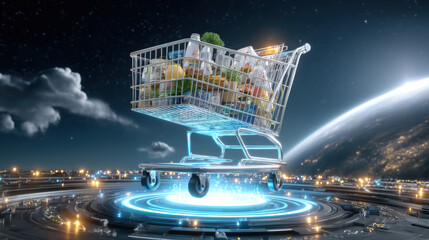 A futuristic shopping cart filled with groceries floats above a glowing platform with an earthlike planet visible in the background in this creative composition.