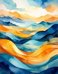 A serene watercolor painting showcasing majestic mountains under a soft, wispy cloud-filled sky, blending vibrant blues and earthy greens harmoniously.