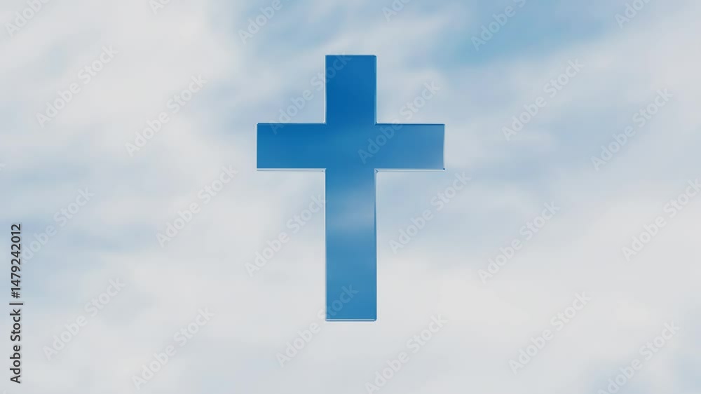 Poster glossy christian cross against the background of rapidly rotating white clouds on the blue sky. 3d r