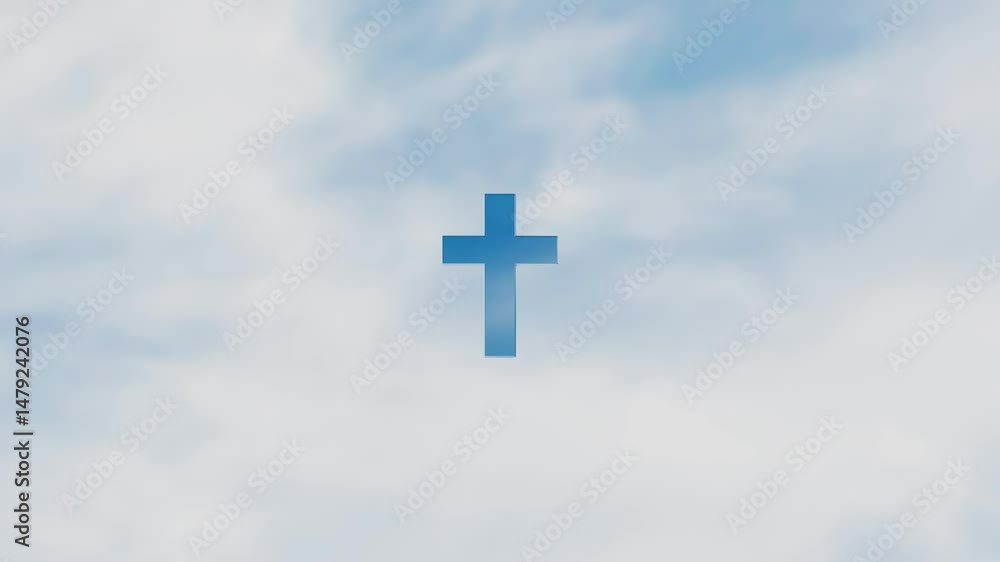 Aufkleber glossy christian cross against the background of rapidly rotating white clouds on the blue sky. 3d r