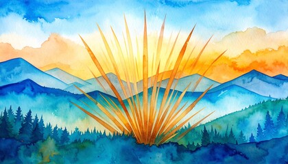 A serene watercolor painting depicting majestic mountains in soft hues, surrounded by lush green trees, with a gentle sky blending warm and cool tones.