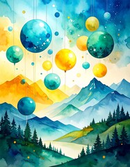 A serene watercolor painting depicting majestic mountains in soft hues, surrounded by lush green trees, capturing the tranquility of nature's beauty.